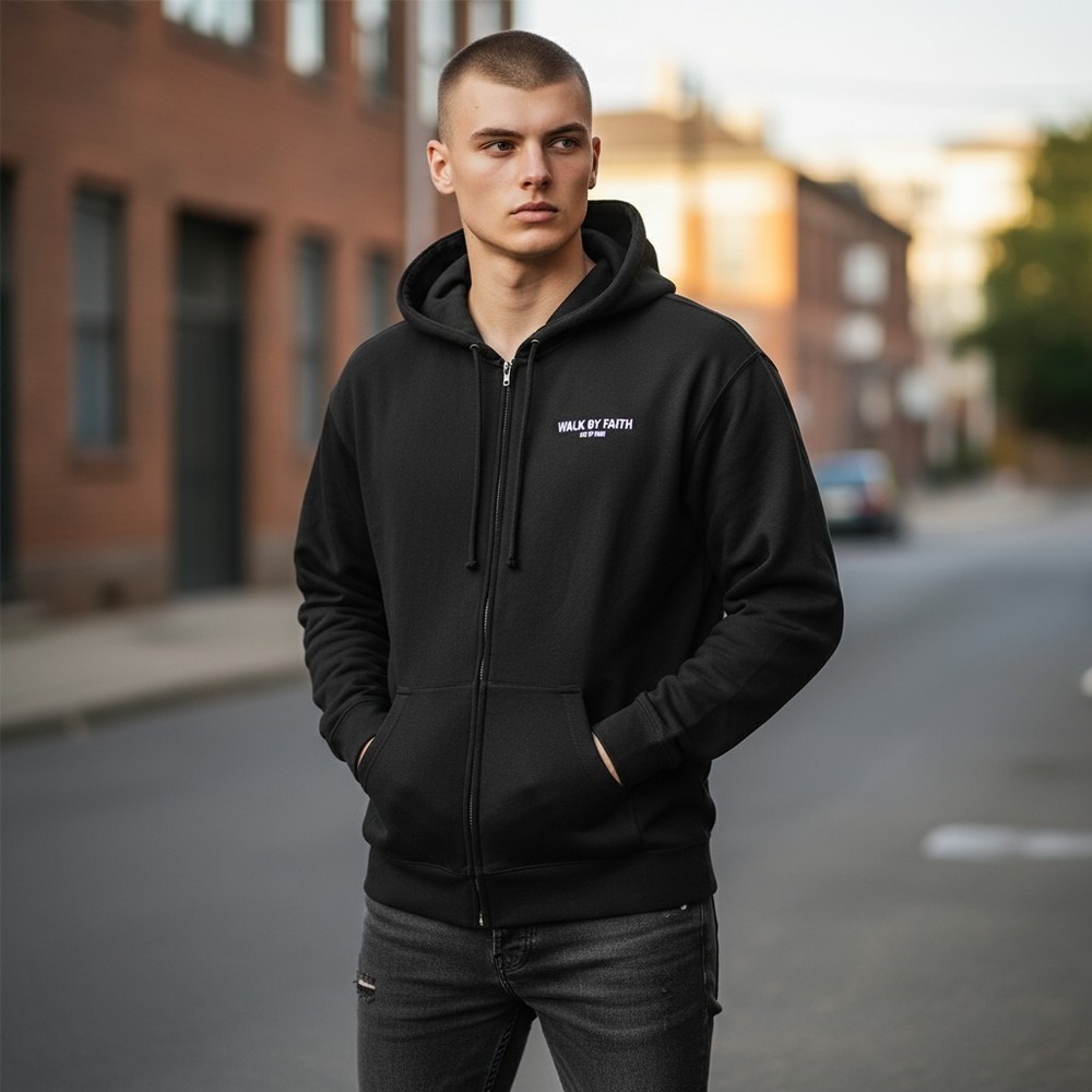Twisted Label Menʼs Black Hoodie Walk by Faith 2XL Inspirational Fleece Pullover